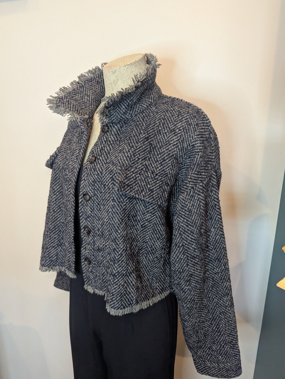 Sage The Label Jacket Women Gray Wool Blend Cropped Herringbone Tweed size L - Picture 2 of 10